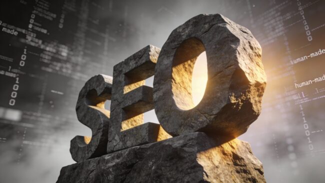 SEO 2025 expertise Illustration avec SEA, écrit en gros comme un rocher